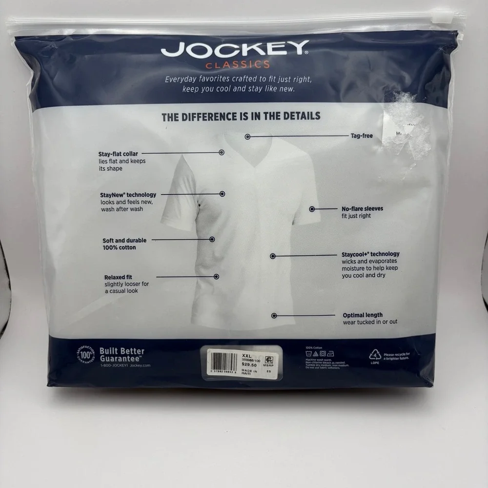 Jockey Men Big Man 2XL 50-52 V-Neck T-Shirt White 2-Pack Staycool Classic